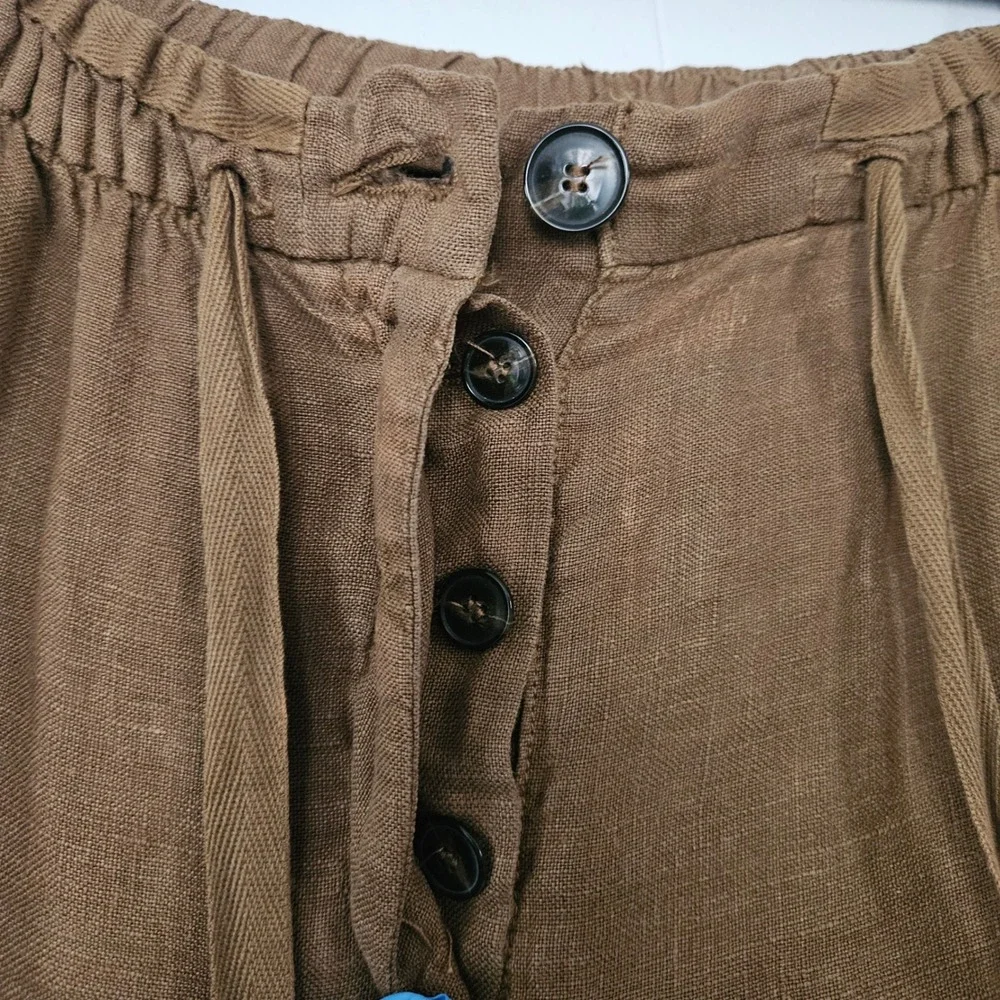 Zara Women Linen Pants M Brown Wide Leg‎ Elastic Waist Drawstring Sustainable